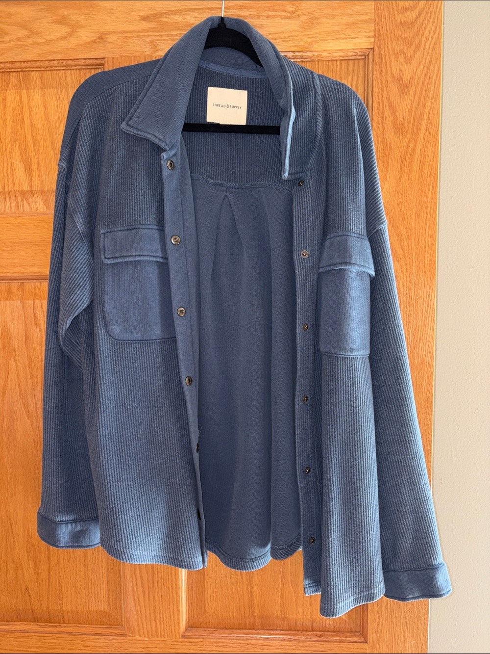 Ribbed Button-Front Shacket in Slate Blue